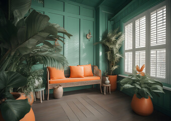 Wall Mural - A modern light green plant wood summer beach house with furniture and a relaxation orange interior balcony apartment view, Generative AI