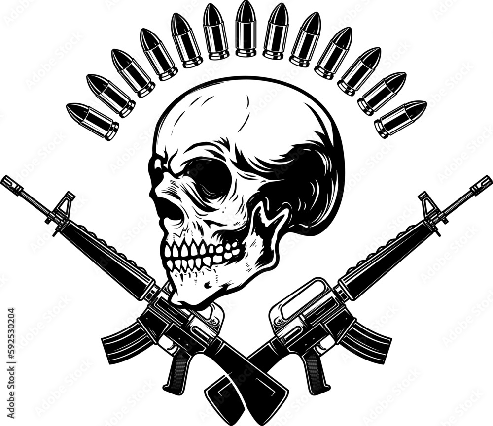 Illustration of the skull with crossed assault rifles. Design element ...