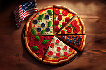 Wall Mural - Exceptional Pizza party for american holiday on wooden table. Generative Ai