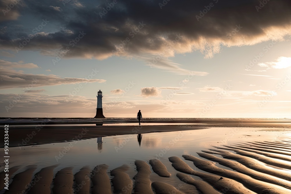 person, capturing the solitary beauty of a lighthouse on an empty beach ...