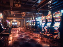 Luxury Casino Interior With Lots Of Slot Machines View Of The Interior Of A Casino, Lots Of Slot Machines Generative AI