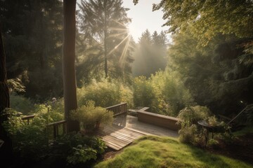 backyard with view of forest, showcasing wildlife among the trees, created with generative ai