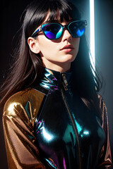 Wall Mural - Fashion show, fashion model. Beautiful sexy woman in a leather shiny, neon jacket and sunglasses on a green background behind her, cyberpunk style. Generative AI