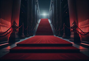 Red carpet on the stairs on a dark background. The path to glory, victory and success. Generative AI