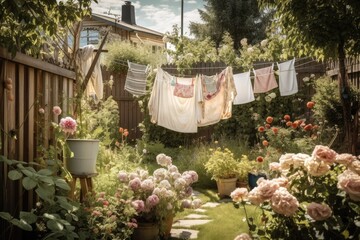 Wall Mural - a beautiful garden with a clothesline and laundry hanging in the background, created with generative ai