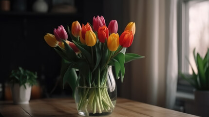 Wall Mural - Bunch of tulips with different colors in a vase on a table. Generative AI.