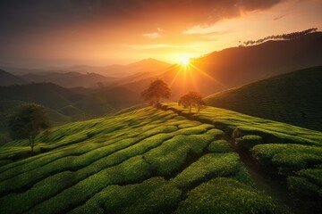 Wall Mural - sunset over tea plantation with rolling hills in the distance, created with generative ai