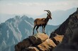 ibex balancing on a cliffside with the view of a mountain range in the background, created with generative ai