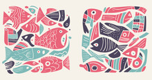 Set Of Colorfull Illustrations With Various Fishes In Linocut Style. Flat Design Of Ocean Fishes