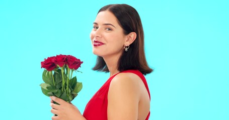 Canvas Print - Rose, smell and face of woman in studio with floral bouquet in celebration of love, romance or valentines day. Portrait, scent and girl happy, smile and excited for flowers against blue background