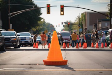 Wall Mural - traffic cone in the middle of a busy intersection, with cars and people rushing by, created with generative ai