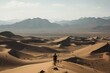 person, trekking through desert dunes, with view of distant peaks in the background, created with generative ai