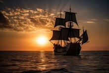 Black Pirate Ship Sails Into The Sunrise, With The Sun Peeking Over The Horizon, Created With Generative Ai
