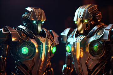 close-up of two high-tech robots with glowing eyes and metallic features facing off, created with generative ai