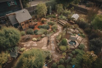 Wall Mural - a bird's eye view of a backyard, filled with wildlife and critters, created with generative ai