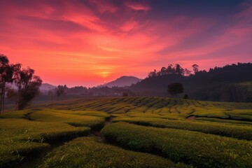 Wall Mural - tea plantation in sunset, with orange and pink hues reflecting on the sky, created with generative ai