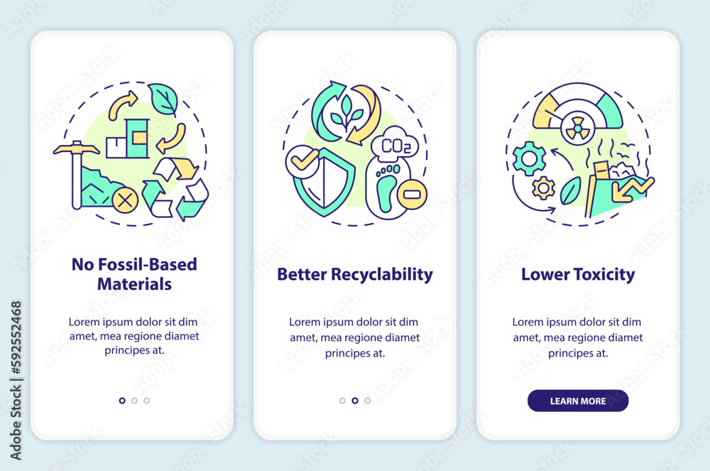 Bio based materials benefits onboarding mobile app screen. Walkthrough ...