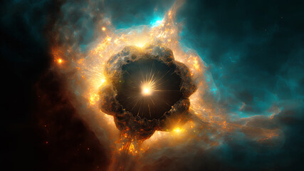Fototapete - View of the birth of a star in space during a nebula explosion. Nuclear fusion of cosmic clouds of gas and dusts. Universe background. Generative ai