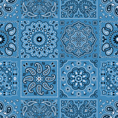 Wall Mural - Blue Paisley fabric tiles patchwork wallpaper vintage vector seamless pattern