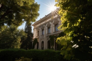 Wall Mural - classical and historical building, surrounded by lush greenery, with the sun shining through, created with generative ai