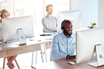 Sticker - Call center, computer and consulting with black man in office for customer service, technical support and advice. Technology, contact us and communication with employee operator in help desk agency