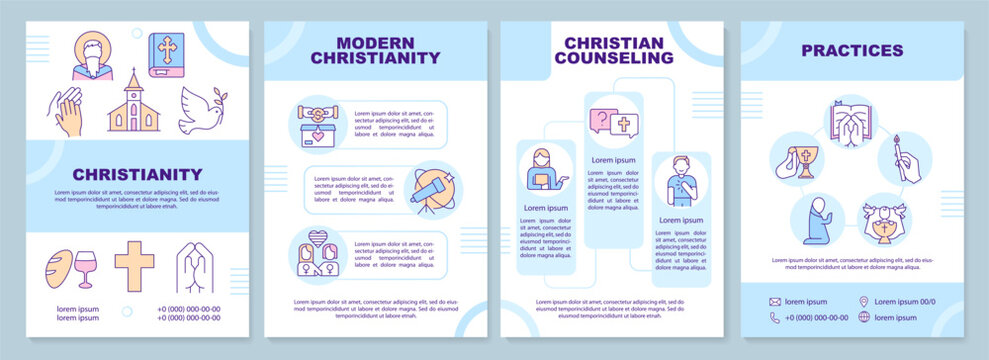 Christianity blue brochure template. Culture of faith. Leaflet design with linear icons. Editable 4 vector layouts for presentation, annual reports. Arial-Black, Myriad Pro-Regular fonts used
