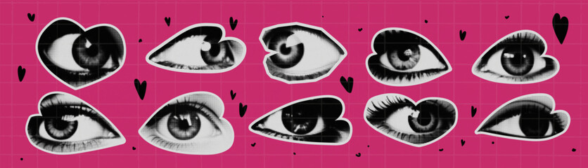 Wall Mural - a pack of eyes cut as if from a magazine. isolated gaze. vector halftone elements for collage with d
