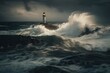 lighthouse in a stormy sea, with waves crashing against the rocks, created with generative ai