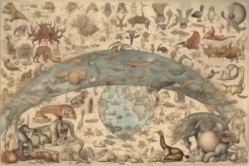 Wall Mural - the cosmic zoo, with different kinds of animals and creatures from other worlds, created with genera
