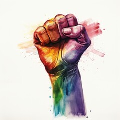 AI generated a watercolor illustration on white background of a hand with raised fist painted with the colors of the rainbow flag of the LGBT Community.