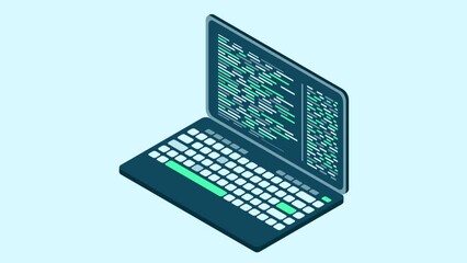 Isometric laptop with coding. Cyber security and data protection. Laptop with programming code. Laptop screen