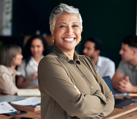 Leader, portrait and woman arms crossed in meeting with professional leadership, business management planning and mindset. Indian person, manager or boss proud for career goals and office happiness