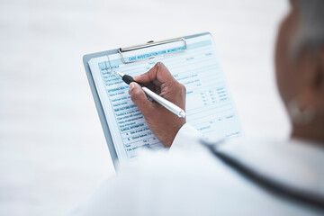 Canvas Print - Doctor, hand and clipboard for writing report in clinic with inspection, healthcare paperwork or info. Woman medic, paper and documents for identity, results or diagnosis with focus at hospital job