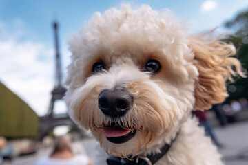 Portrait of traveler a white poodle against the backdrop of the Eiffel tower, created with Generative AI technology.