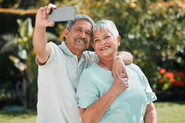 Wall Mural - Happy, smiling and a senior couple with a selfie for a memory, social media or profile picture. Smile, affection and an elderly man taking a photo with a woman for memories, retirement or happiness