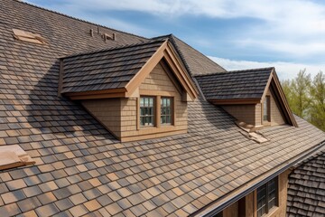 Wall Mural - close-up of new house roof with shingles and gutters in place, created with generative ai