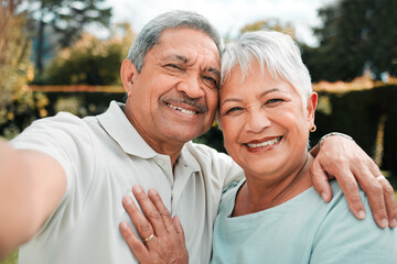 Sticker - Happy senior couple, selfie and portrait in park, garden and nature of love, care and happiness. Man, woman and taking photograph with life partner, relax and support of retirement, marriage or smile