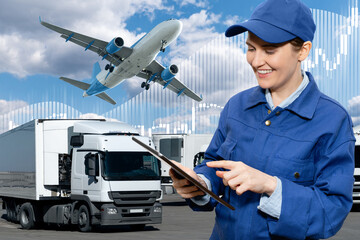 Poster - Manager with a digital tablet on a background of airplane and trucks. International trade and logistics concept	