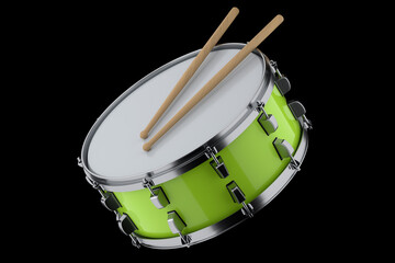 Poster - Realistic drum and wooden drum sticks on black. 3d render of musical instrument