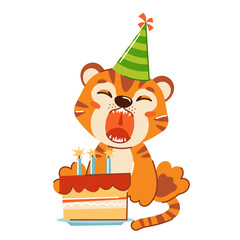  Vector children's animal character on a white background. Cute tiger celebrating birthday. A collection for a children's birthday. Illustration for a greeting card to a child