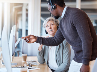 Sticker - Call center, black man and coach training employee in customer service or support in office. Manager, telemarketing and person coaching worker or helping senior woman on computer with consulting.