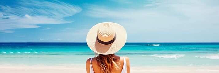 Wall Mural - Woman with straw hat sunbathing on tropical beach