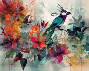 Sticker - Matisse-style tropical collage with flowers, birds, lyrical, using negative space with mutiple textures, layers, pencil scribbles, modern colors. generative ai