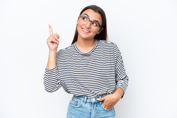 Poster - Young caucasian woman isolated on white background thinking an idea pointing the finger up