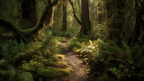 Fototapeta Krajobraz - Enchanted Forest Trail Serene Path Through a Mystical Forest, Towering Trees Laden with Moss, Immortalized in Captivating Detail to Bring Nature's Magic into Your Home or Office. Generative AI