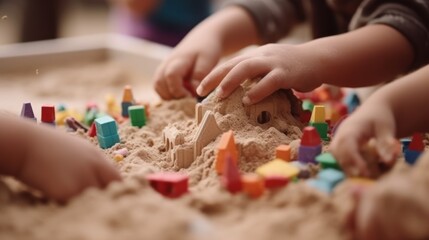Close up of children's hands playing with building blocks on the sand, Generative AI