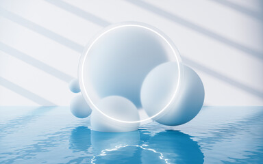 Poster - White spheres with water surface, 3d rendering.