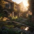 Medieval stone mansion near a small pond and green gardens Generative AI