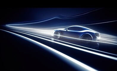 Wall Mural - futuristic sport car driving speedily with light reflections in the dark