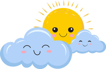 Wall Mural - clouds and sun cartoon on white background, vector